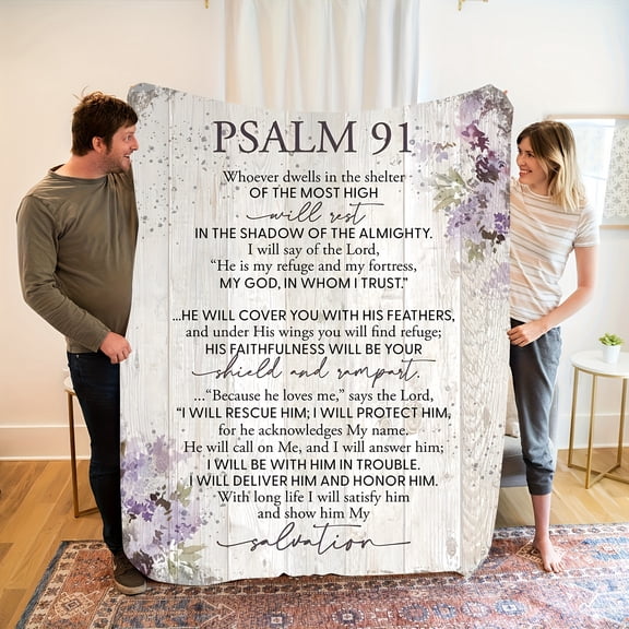 Psalm 91:1 Inspirational Flannel Blanket with Lilac & Wood Grain Design – Soft, Warm, and Faith-Inspired Home Decor for Naps, Camping, Travel, and Gifts for Friends & Family