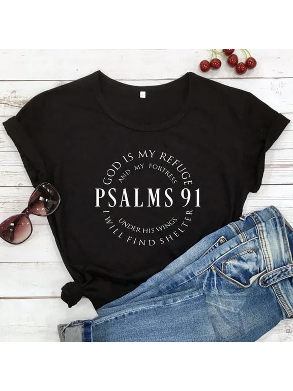 Psalm 91 Christian Bible Graphic Y2K Short Sleeve Crew Neck Cotton T-Shirt Casual Church Top for Women
