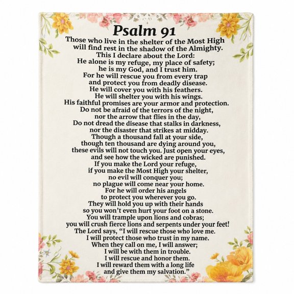 Psalm 91 Fleece Blanket, Floral Scripture Throw, 280 GSM Polyester