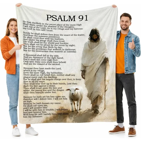Psalm 91 Full Bible Verse Throw Blanket | Jesus and Lamb Christian Faith Blanket, Soft Flannel Religious Protection Blanket for Bed Sofa, Sympathy Birthday Christmas Spiritual Gift for Believers