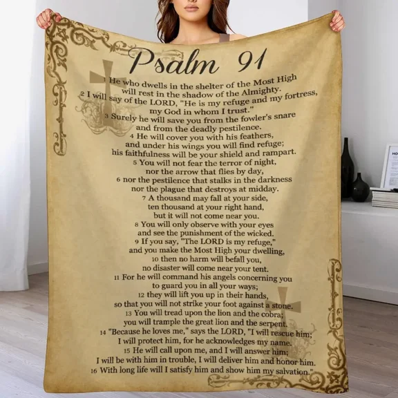 Psalm 91 Full Bible Verse Vintage Throw Blanket | He is My Refuge Christian Flannel Blanket | Religious Faith Protection Blanket for Bed Sofa | Spiritual Comfort Gift for Birthday Christmas