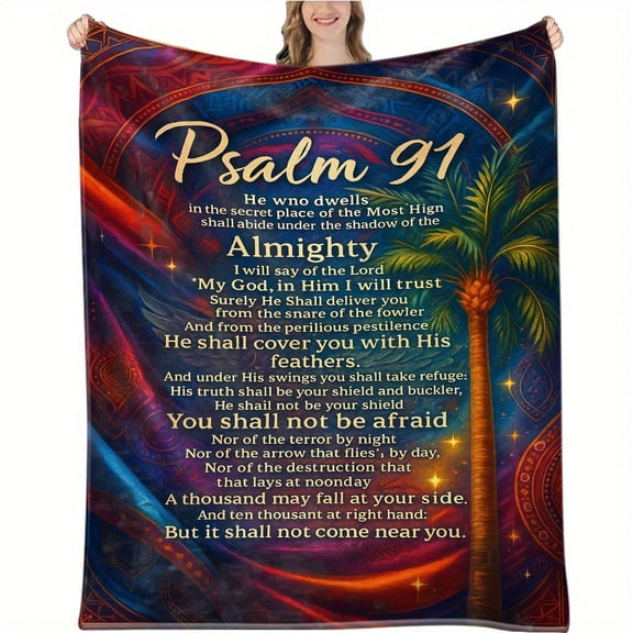 Psalm 91 Scripture Flannel Throw Blanket, Blue Red Purple Ethnic Print with Bible Verse and Palm Tree, Soft All-Season, for Sofa and Prayer, Christian Gift