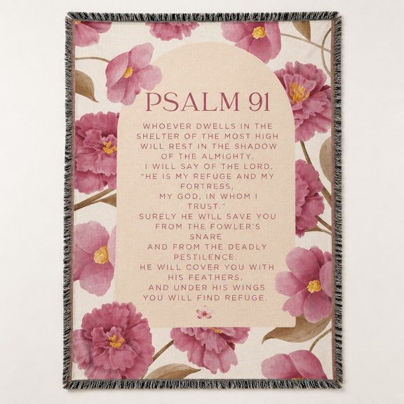 Psalm 91 Woven Throw Blanket, 100% Cotton Fringed Scripture Blanket