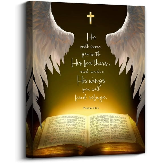 Psalms 91:4 Wall Art Canvas Prints, He Will Cover You With His Feathers,Bible Verse with Christian Sayings Decor, suitable for offices,Church, Home Wall Decor ,Tabletop/Hanging(29x38cm) framed