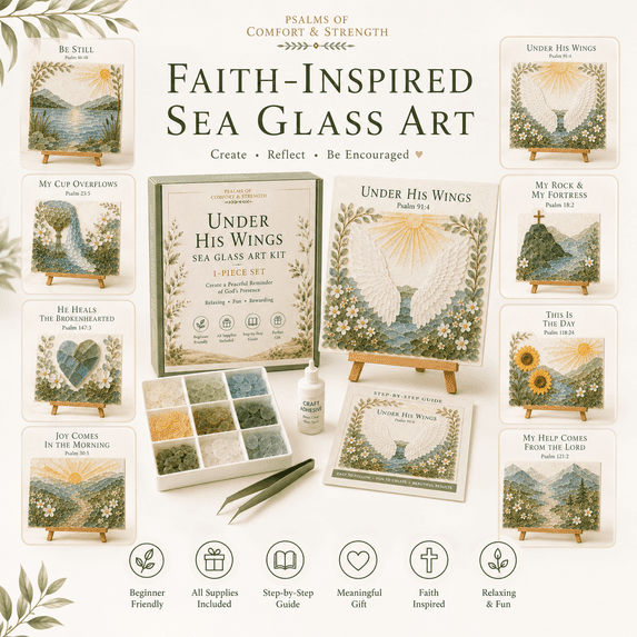 Psalms of Comfort & Strength Sea Glass Art Kit, Christian DIY Mosaic Craft Kit with 9 Bible Verse Designs, Complete Adult Art Set, Faith Tabletop Decor and Religious Gift for Women