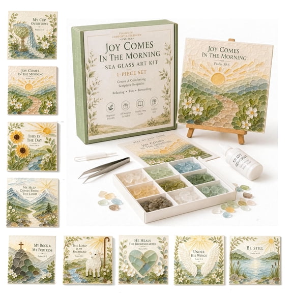Psalms of Comfort & Strength Sea Glass Art Kit, Christian Sea Glass Art Kit, DIY Sea Glass Mosaic Craft for Adults, Inspirational Christian Wall Art and Home Decor Gift (morning)
