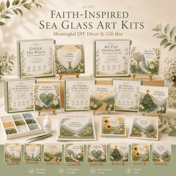 Psalms of Comfort & Strength Sea Glass Art Kit, Complete Beginner Mosaic Craft Kit for Adults with Pre-Designed Bible Verse Art, Glass Pieces, Tools, Instructions and Easel