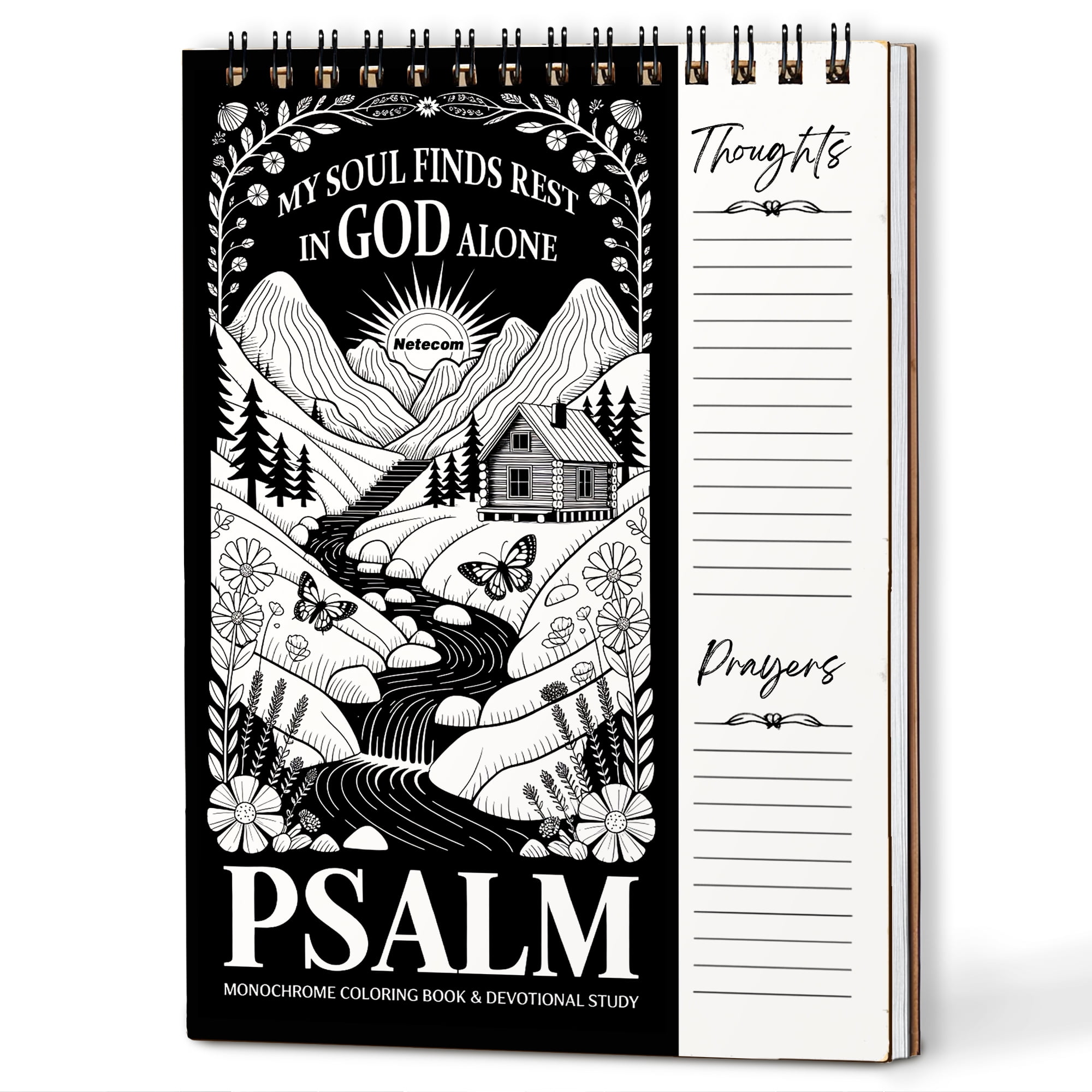 Psalms Monochrome Coloring Book for Adults, 30 Minimalist Scripture Art Pages with Reflection & Prayer Space, Spiral Bound, A4 or A5 Softcover or Wood Cover