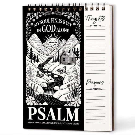 Psalms Monochrome Coloring Book for Adults, 30 Minimalist Scripture Art Pages with Reflection & Prayer Space, Spiral Bound, A4 or A5 Softcover or Wood Cover