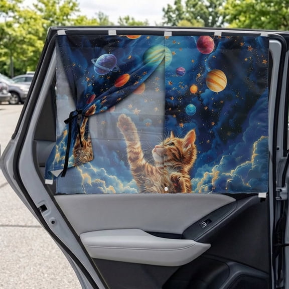 Psesaysky 1 Pack Cute Cat Car Window Shades Double-Layer Galaxy Planet Sun Shade for Car Window Baby UV Protection Shield Heat Resistant Privacy Sunshade for Side Windows Camping