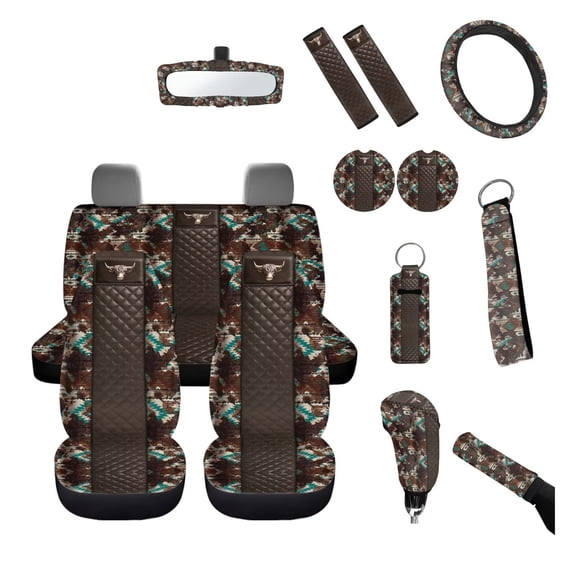 Psesaysky 14 Piece Navajo Car Seat Cover Set Full Interior Protection with Highland Cattle Front Rear Seat Covers Steering Wheel Cover Car Gear Shift Handbrake Covers Seat Belt Pads Cup Mat