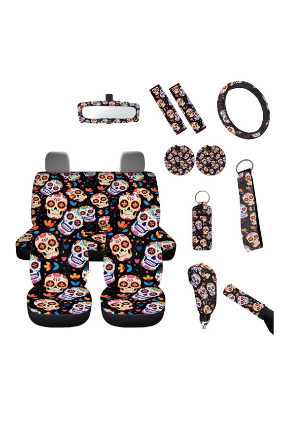 14 Piece Vehicle Interior Set Colorful Skull Seat Covers Protector Steering Wheel Cover Mirror Cover Coaster Seat Belt Pads Keychains Universal Fit for Cars SUV Truck