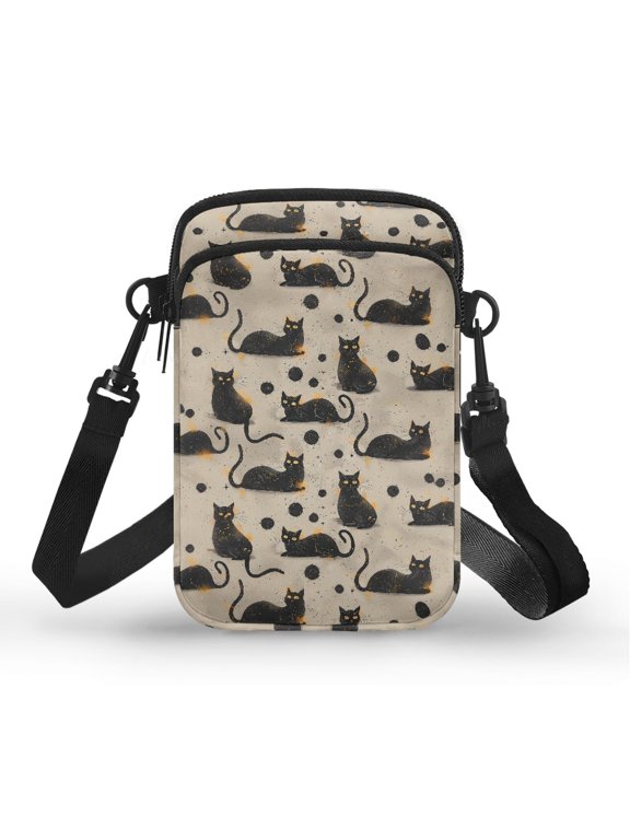 2 Layer Cell Phone Purse for Travel Hiking, Polyester with Adjustable Strap Sling Coin Wallet, Black Cat Print