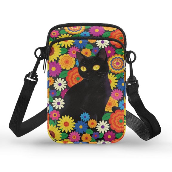 Psesaysky 2 Layers Cross Body Bag for Daily Use Travel, Polyester Zipper Cell Phone Purse, Black Cat Floral Theme