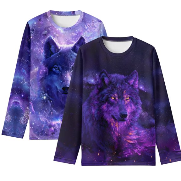 Psesaysky 2 Pack Boys Purple Wolf Galaxy Long Sleeve Shirts 13-14 Years Crew Neck Loose Tops Kids Lightweight Pullover Graphic Tees