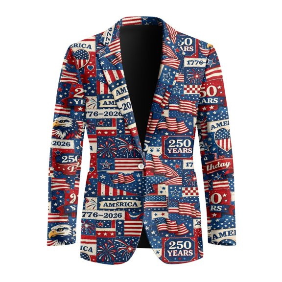 Psesaysky 250th America Patriotic Pattern Lightweight Men's Suit, Slim Fit Polyester Men's Suit Jacket for Business Work