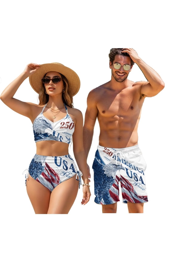 250th American Eagle Matching Swimsuits for Couples Patriotic Womens Two Piece Bikini Sets Bathing Suit Men's Swim Trunks with Pocket Couples Swimwears for Honeymoon