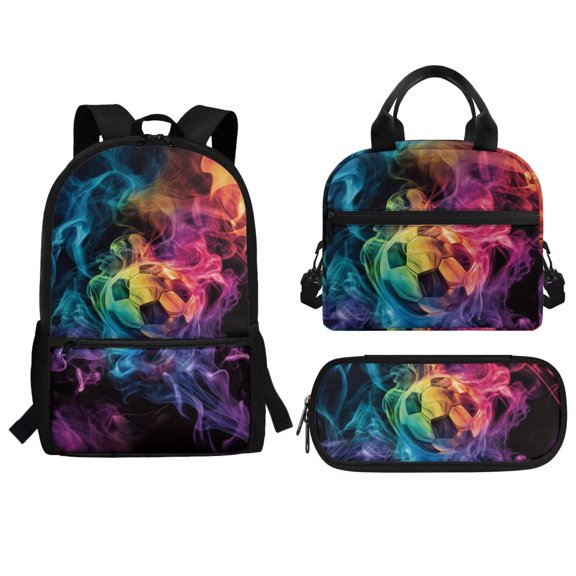 Psesaysky 3-in-1 School Backpack Set Colorful Smoke Soccer Ball Print Kids Backpack with Lunch Bag and Pencil Case, Lightweight Bookbag for Boys Girls Elementary Middle School