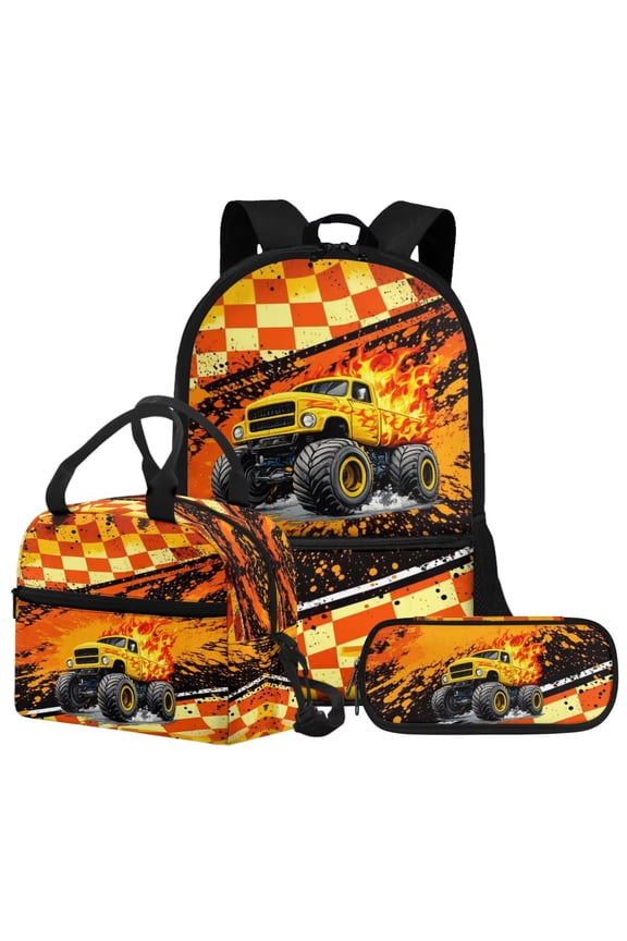 3-in-1 School Backpack Set Orange Truck Flame Print Kids Backpack with Lunch Bag and Pencil Case, Lightweight Bookbag for Boys Girls Elementary Middle School