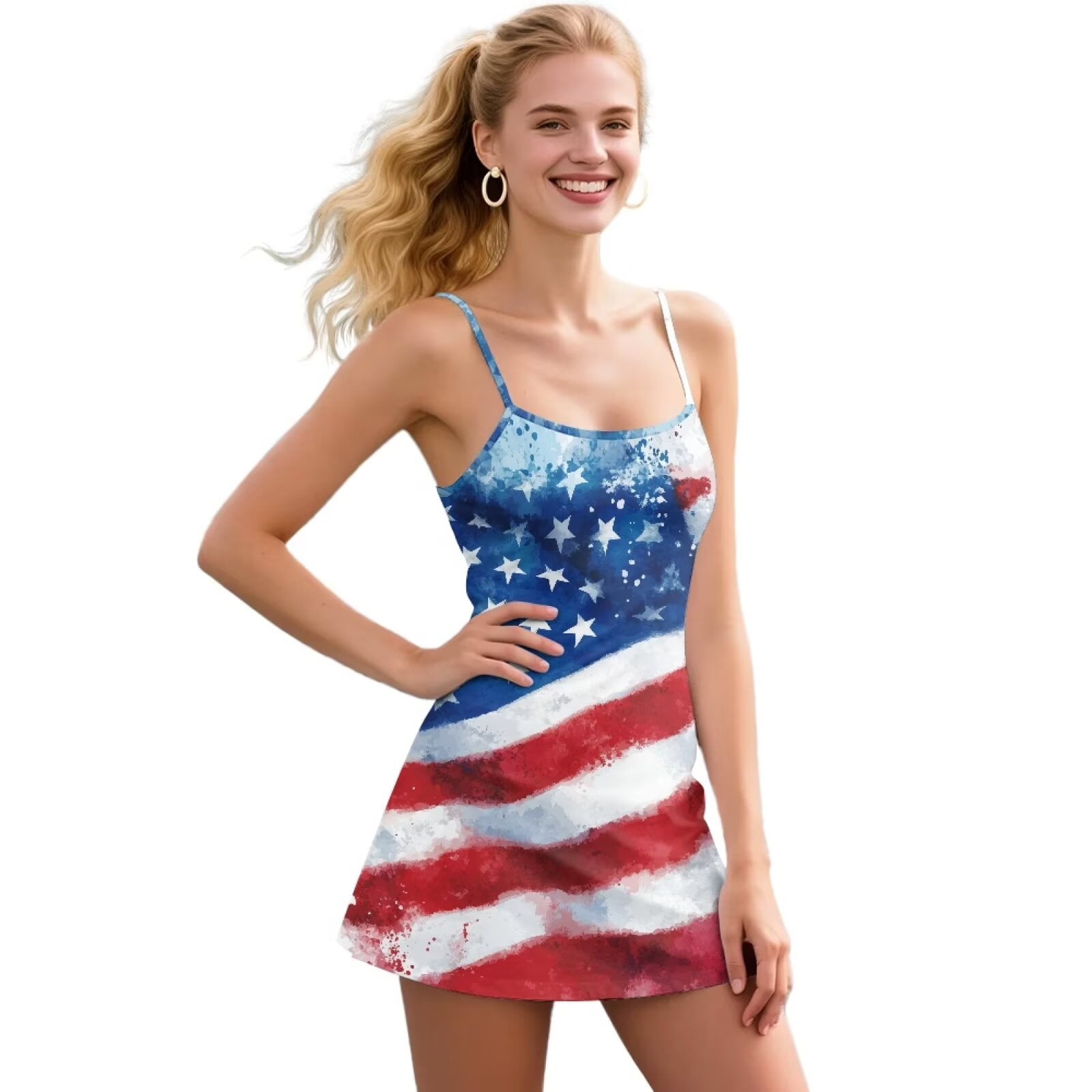 Psesaysky 4th of July Tennis Dress with Built in Shorts Breathable Athletic Dress for Women Summer Cross Back Golf Workout Dress American Flag Paint Print, Size XL