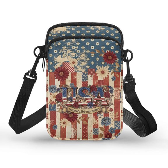 Psesaysky Adjustable Cell Phone Purse for Shop Travel, Polyester Portable Crossbody Bag, USA Flag Pattern