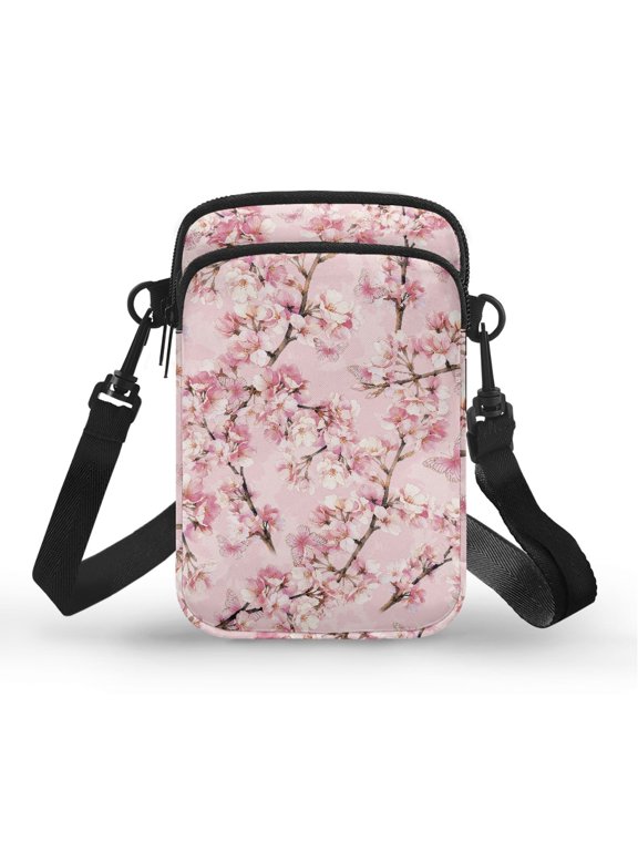 Adjustable Shoulder Strap Crossbody Bag for Travel Work, Polyester Portable Cell Phone Purse, Pink Cherry Blossom Pattern