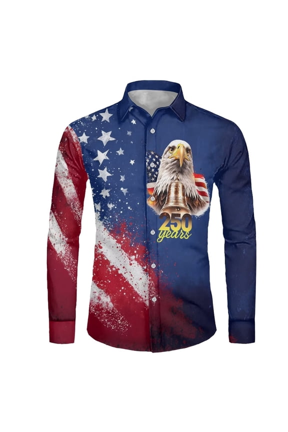 American Anniversary Flag Eagle Button Up Shirt for Men, Patriotic Casual Long Sleeve Wear with Cozy Fabric Button Down Athletic Tee Men's Dry-Fit Business Shirts