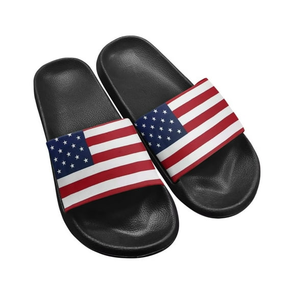 Psesaysky American Flag Pattern Slide Sandals for Ladies Women's Summer Slippers Non-Slip Lightweight Bedroom Shoes Fashion Wear-Resistant Beach Slides Black Sole Size 10