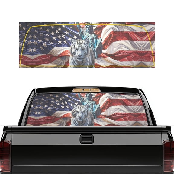 Psesaysky American Flag White Tiger Rear Window Decals 66.9 x 22.4 Inches, Vinyl Back Window Graphics for Most Pickup Trucks SUV, Weatherproof Removable for Personalized Decoration