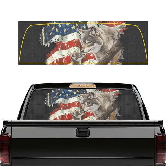 Psesaysky American Flag Wolf Perforated Vinyl Rear Window Decal 66.9 x 22.4 Inch, Durable See through Sticker for Most Pickup Trucks, Cars and SUVs