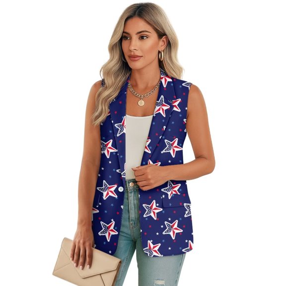 Psesaysky American Stars Print Blazer Vest for Women Business Casual Sleeveless Open Front Suit Vest Lapel One Button Suit Waistcoat, Size S