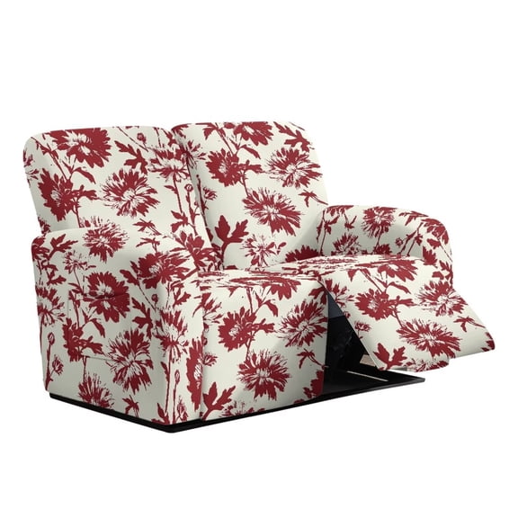 Psesaysky Art Flowers Bohemian Print With Side Pockets Recliner Middle Console Sofa Cover Polyester Recliner Loveseat Cover Full Coverage Red