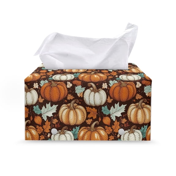 Psesaysky Autumn Pumpkin Rectangle Tissue Box Cover, PU Leather Tissue Box Holder with Buttons and Buckle for Night Stands and Office