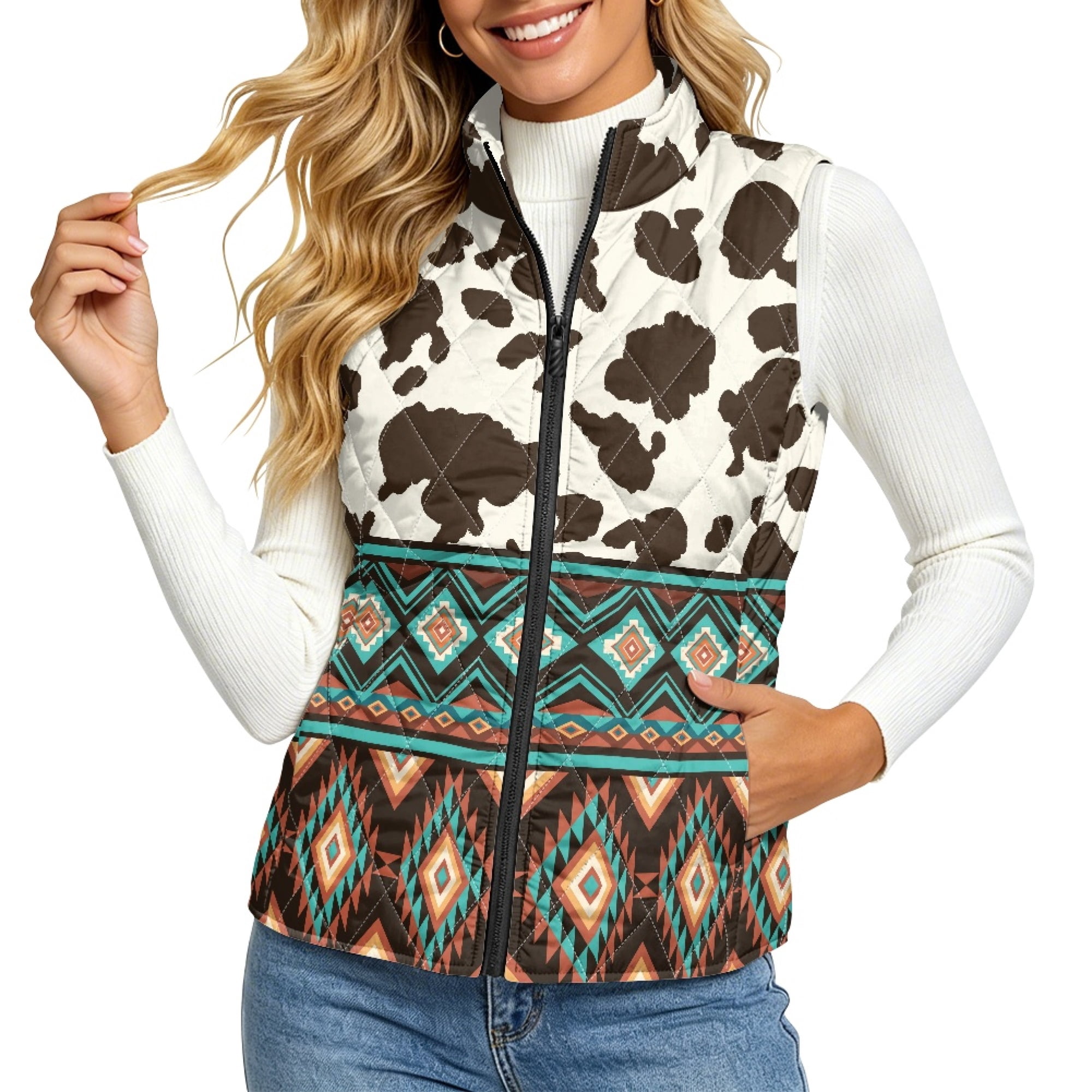 Psesaysky Aztec Cow Print Print Quilted Vest Stand Collar Sleeveless ...