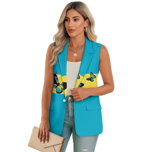 Psesaysky Bahamas Flag Butterfly Print Womens Vest Fashion Dressy Single Button Sleeveless Blazer Suit Jackets Office Work Clothes, Size L