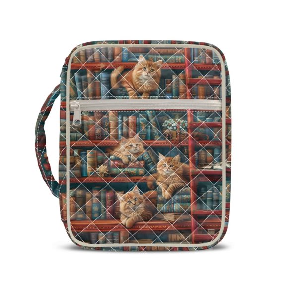 Psesaysky Bible Cover with Zipper Pocket Womens Portable Quilted Bible Tote Padded Handle Book Carrting Case for Comfort, Ideal for Study, Church, Travel - Bookshelf Short-Haired Cat