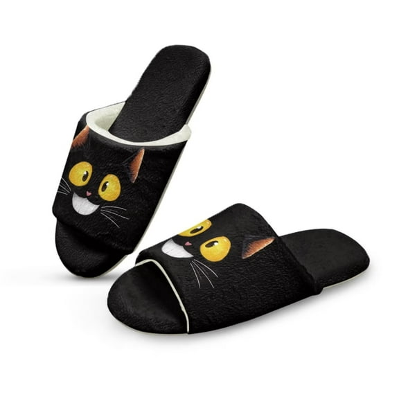 Psesaysky Black Cat Print Slippers for Women Indoor House Bedroom Open Toe Slides Sandals Shoes Trendy Gift for Womens Soft Sole, Size 6-7