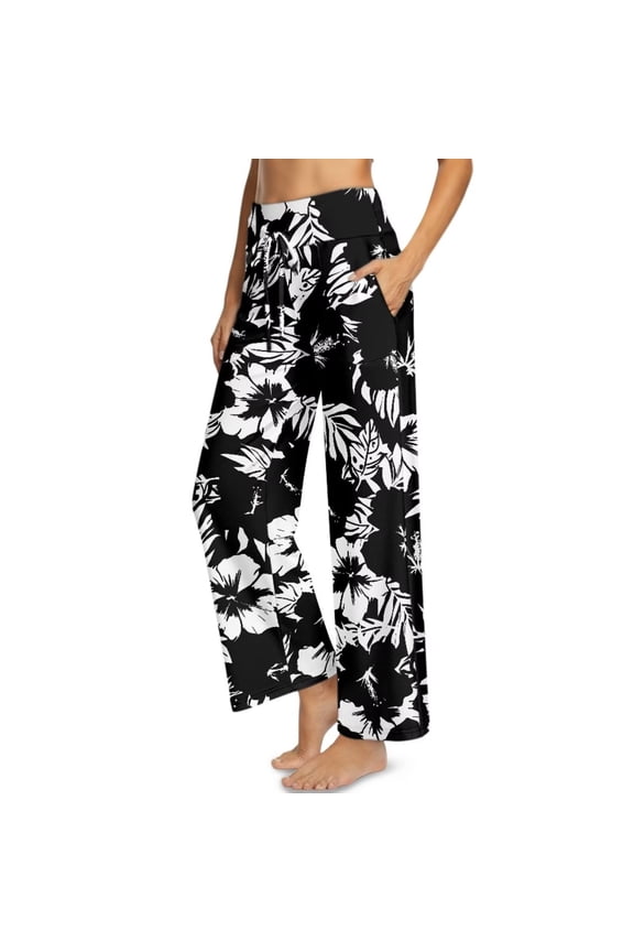 Black Hibiscus Flower Print Wide Leg Pants Woman Tropical Stretchy Yoga Pants Women Drawstring Business Casual Slacks Trousers Fall Outfits, Size 2XL