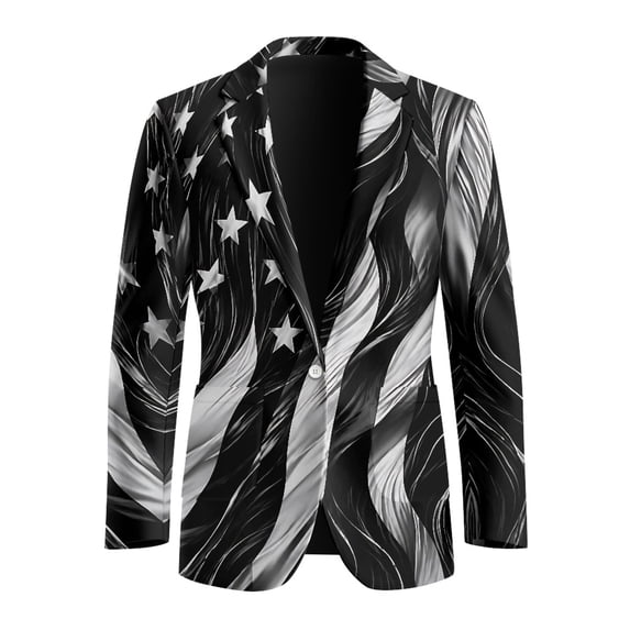 Psesaysky Black White Stars Stripe Mens Casual Blazer Jacket, Solid Color Single Button Suit Jacket Slim Fit Polyester Men's Suit Jacket for Office