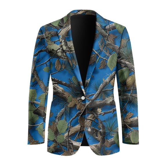 Psesaysky Blue Background Tree Branch Camouflage Pattern Solid Men Suit Set, Lightweight Polyester Casual Sport Coat for Summer Business
