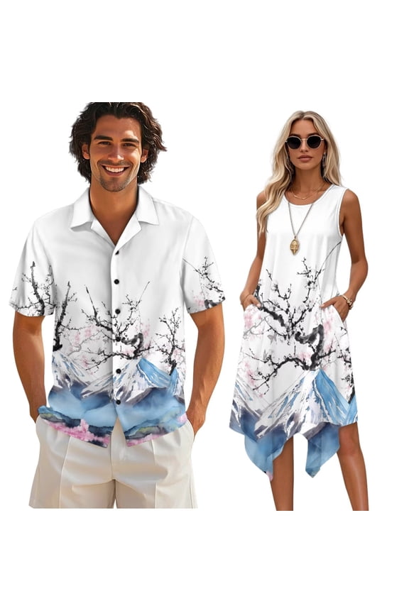Blue Cherry Blossom Print Women's Pleated Summer Tank Dress Matched Mens Hawaiian Aloha Shirts Hawaiian Luau Couples Outfit Beach Flared Sundress with Shirts