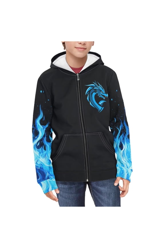 Blue Dragon Print Hoodies for Boys Casual Soft Cute Zip Up Hoodie with Pockets Hooded Sweatshirts Kids Warm Jackets Winter Coat 8-10 Years