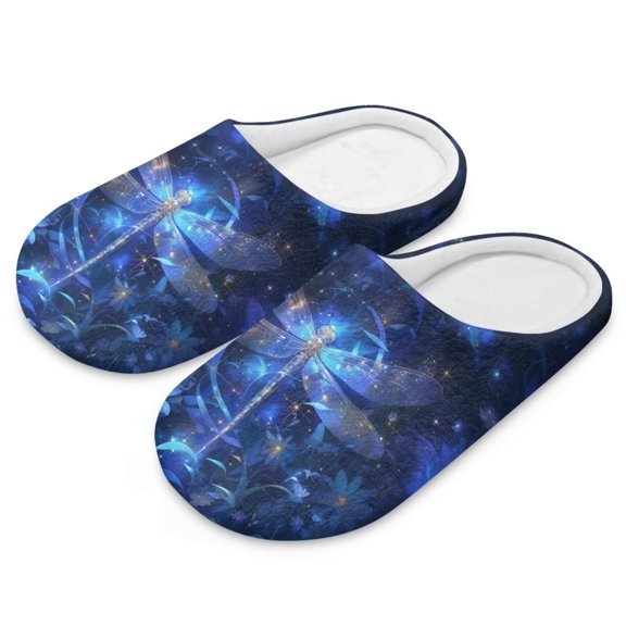 Psesaysky Blue Dragonfly Floral Print Closed Toe House Slippers for Woman Men Soft Cotton Indoor Shoes Memory Foam Slip On Bedroom Slippers, Size 10.5-11.5