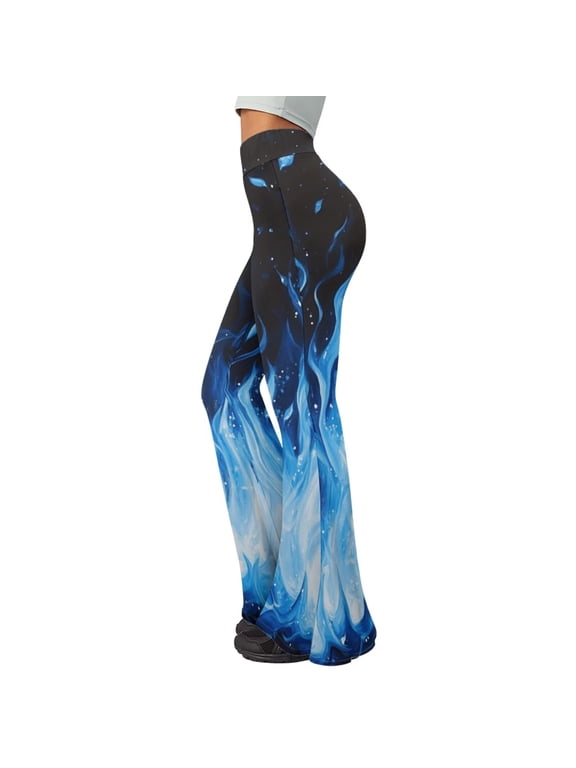 Blue Fire Flame Women's High Waist Flare Yoga Pants Rainbow Space Leggings for Women Tummy Control Wide Workout Gym Leg Pants Stretchy Leggings Size L