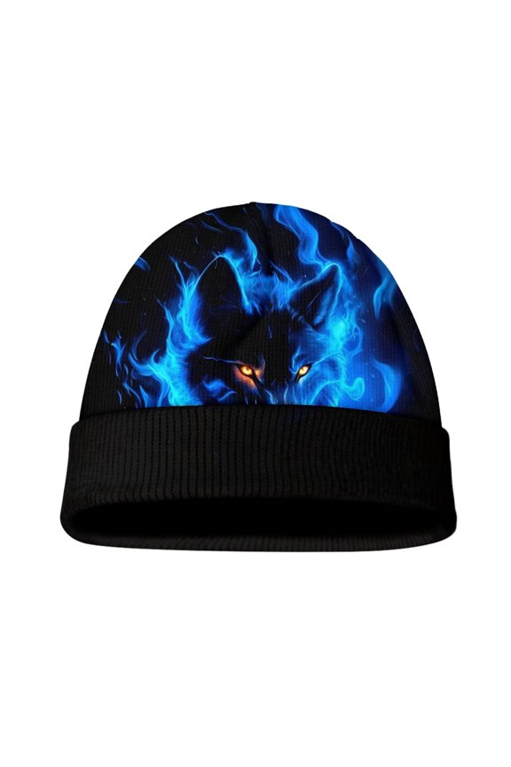 Blue Fire Wolf Print Kids Beanie Hats Boys Girls Winter Hats Stretchy Warm Toddler Beanies Kid's Cuffed Cap