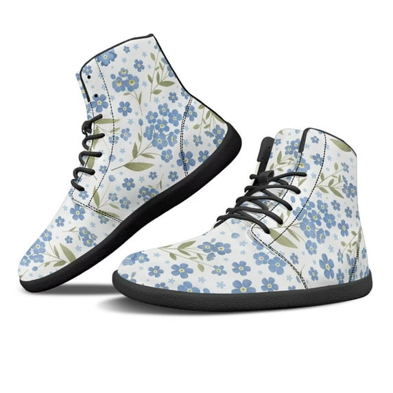 Psesaysky Blue Floral Shoes Women Lace-Up Leather Barefoot Shoes High-Top Minimalist Barefoot Shoes For Women Lightweight Comfortable Sneakers
