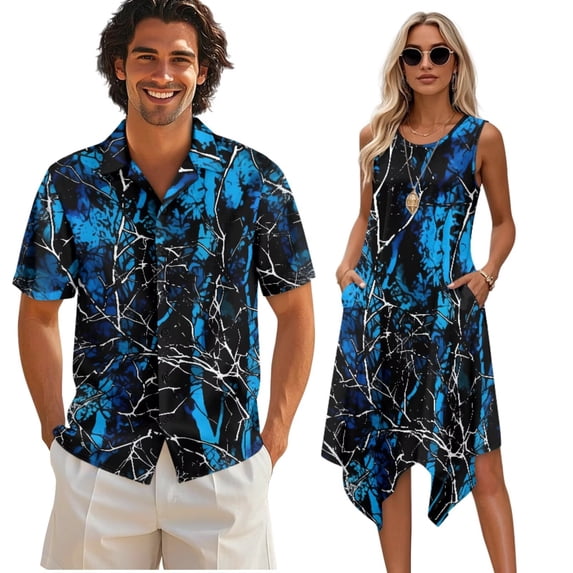 Psesaysky Blue Hunting Camo Forest Sleeveless Sundresses for Women Casual Summer Dress and Mens Button Down Shirts Summer Vacation Matching Hawaiian Outfits for Couples