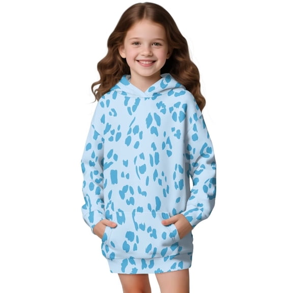 Psesaysky Blue Leopard Print Long Hoodies for Teen Girls Fashion Sweatshirt Hoodie Dress Fleece Pullover Tops Kids Clothes for 13-14 Years