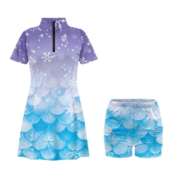 Psesaysky Blue Mermaid Fishscales Tennis Dress with Built in Shorts for Women Zipper Short Sleeve Midi Dresses Quick Dry Stand Collar Workout Sports Athletic Golf Dress for Girls Y2K