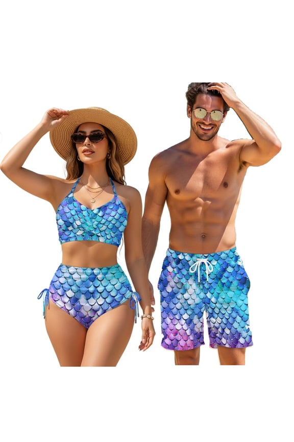 Blue Mermaid Scale Matching Swimsuits for Couples Women's 2 Piece Bikini Sets Halter Men's Beach Shorts Fashion Couples Swimwear His and Hers Swimsuits Matching Set